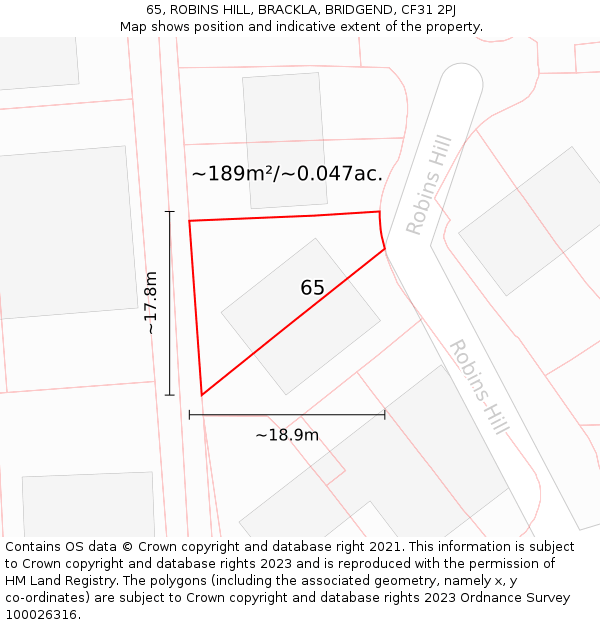 65, ROBINS HILL, BRACKLA, BRIDGEND, CF31 2PJ: Plot and title map