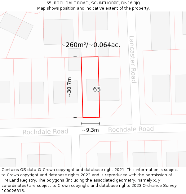 65, ROCHDALE ROAD, SCUNTHORPE, DN16 3JQ: Plot and title map