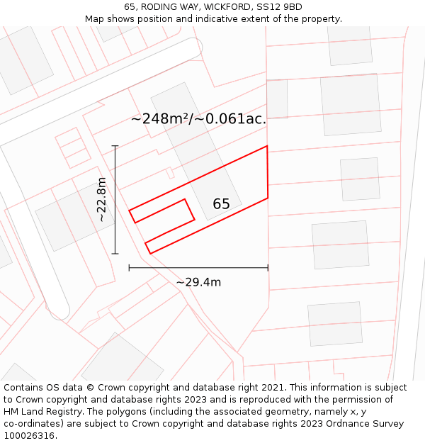 65, RODING WAY, WICKFORD, SS12 9BD: Plot and title map