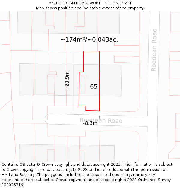 65, ROEDEAN ROAD, WORTHING, BN13 2BT: Plot and title map
