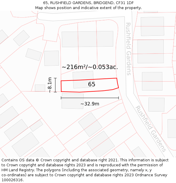 65, RUSHFIELD GARDENS, BRIDGEND, CF31 1DF: Plot and title map