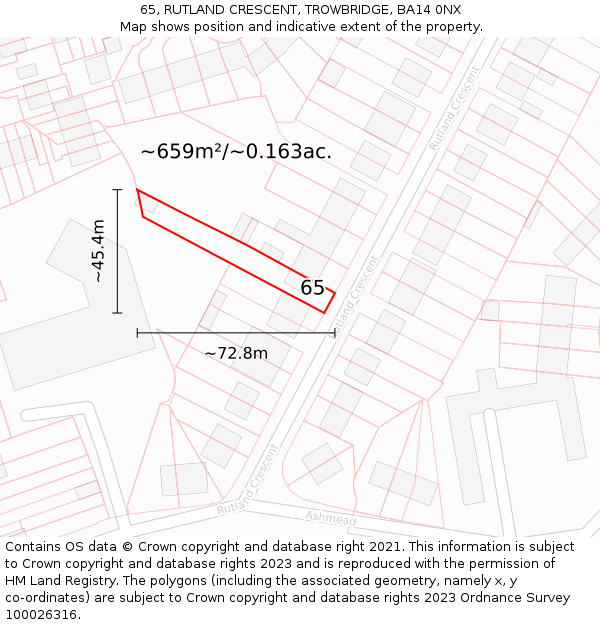 65, RUTLAND CRESCENT, TROWBRIDGE, BA14 0NX: Plot and title map