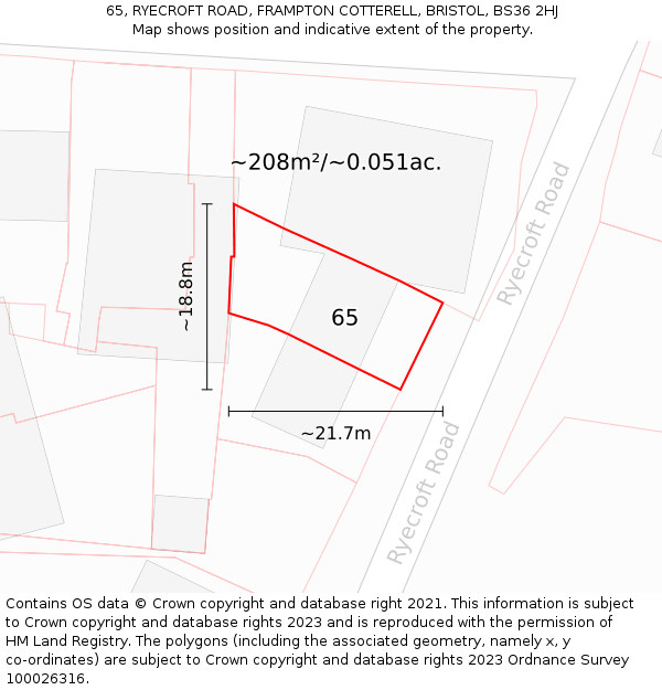 65, RYECROFT ROAD, FRAMPTON COTTERELL, BRISTOL, BS36 2HJ: Plot and title map