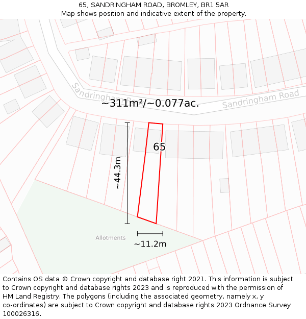 65, SANDRINGHAM ROAD, BROMLEY, BR1 5AR: Plot and title map