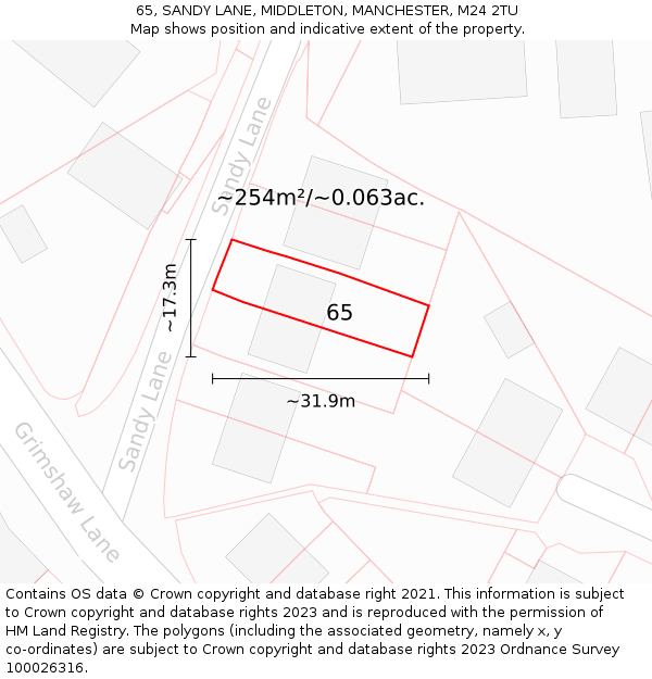 65, SANDY LANE, MIDDLETON, MANCHESTER, M24 2TU: Plot and title map