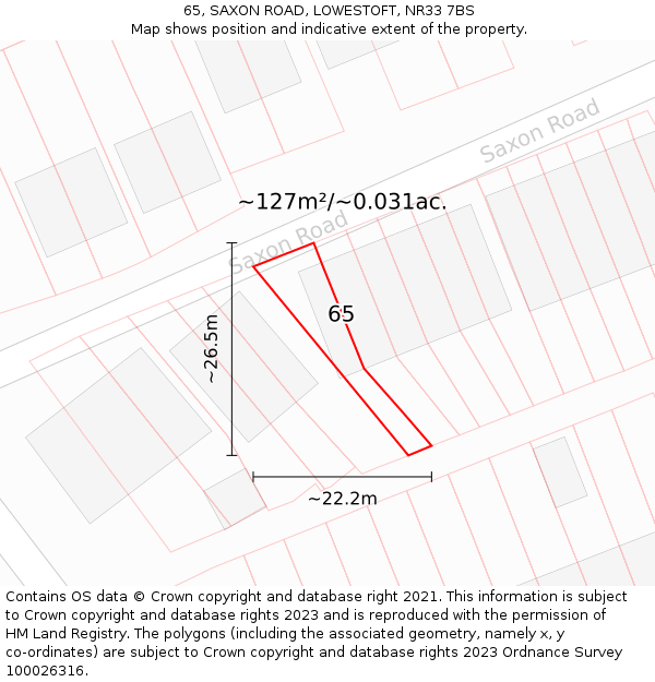 65, SAXON ROAD, LOWESTOFT, NR33 7BS: Plot and title map