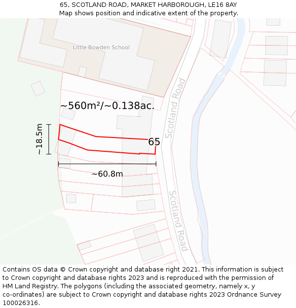 65, SCOTLAND ROAD, MARKET HARBOROUGH, LE16 8AY: Plot and title map