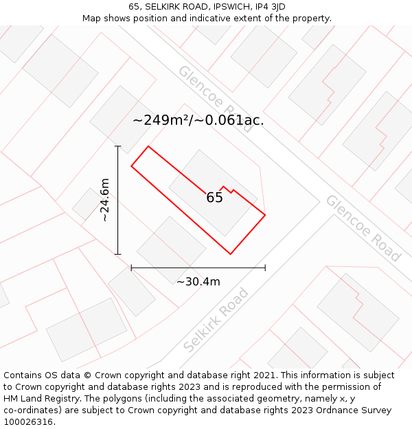 65, SELKIRK ROAD, IPSWICH, IP4 3JD: Plot and title map