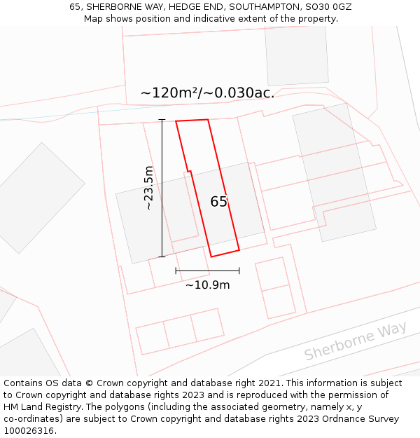65, SHERBORNE WAY, HEDGE END, SOUTHAMPTON, SO30 0GZ: Plot and title map