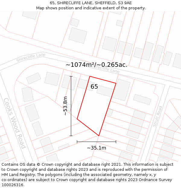 65, SHIRECLIFFE LANE, SHEFFIELD, S3 9AE: Plot and title map