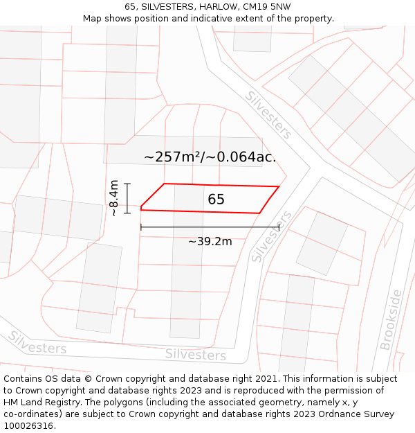 65, SILVESTERS, HARLOW, CM19 5NW: Plot and title map