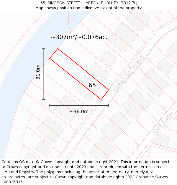 65, SIMPSON STREET, HAPTON, BURNLEY, BB12 7LJ: Plot and title map