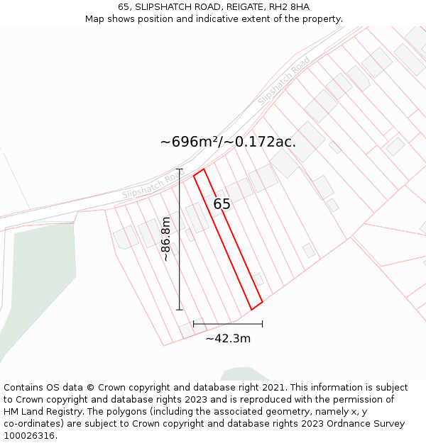 65, SLIPSHATCH ROAD, REIGATE, RH2 8HA: Plot and title map