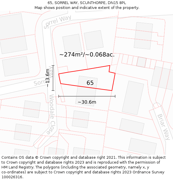 65, SORREL WAY, SCUNTHORPE, DN15 8PL: Plot and title map