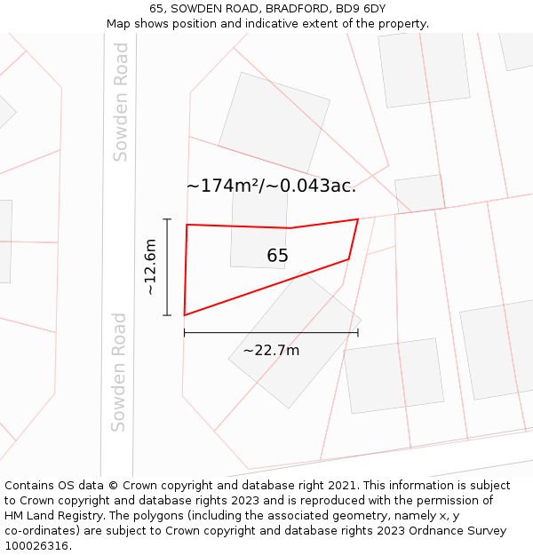 65, SOWDEN ROAD, BRADFORD, BD9 6DY: Plot and title map