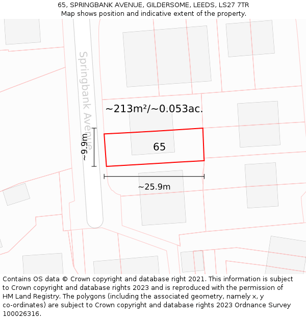 65, SPRINGBANK AVENUE, GILDERSOME, LEEDS, LS27 7TR: Plot and title map