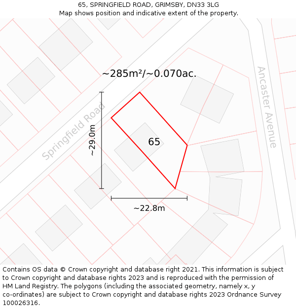 65, SPRINGFIELD ROAD, GRIMSBY, DN33 3LG: Plot and title map