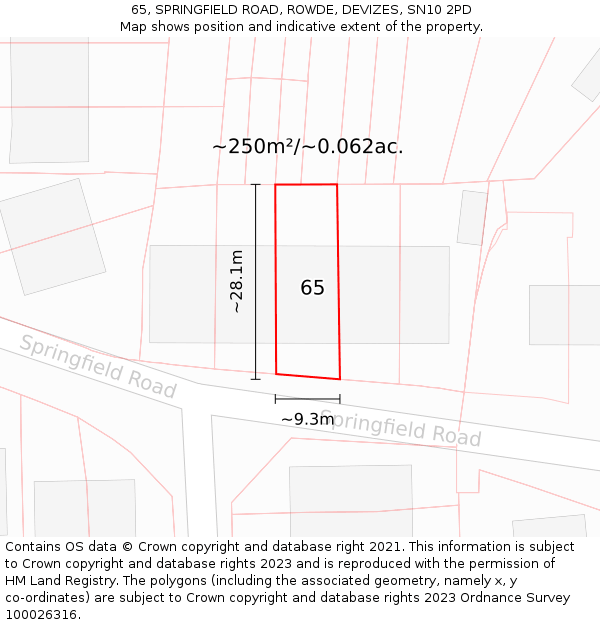 65, SPRINGFIELD ROAD, ROWDE, DEVIZES, SN10 2PD: Plot and title map