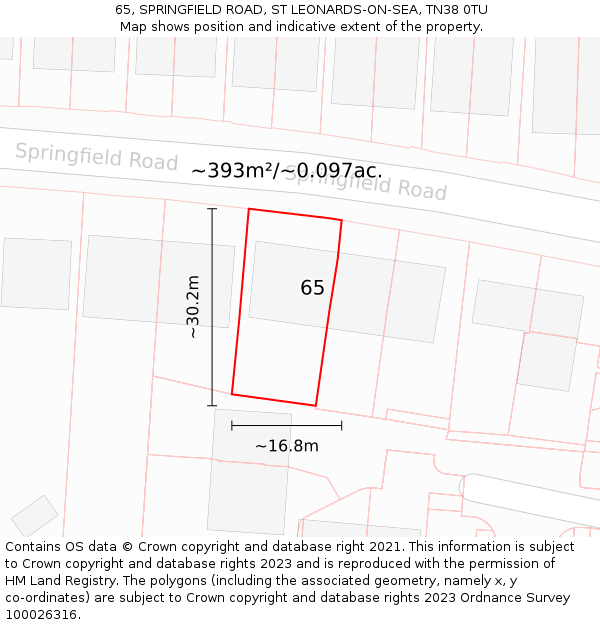65, SPRINGFIELD ROAD, ST LEONARDS-ON-SEA, TN38 0TU: Plot and title map