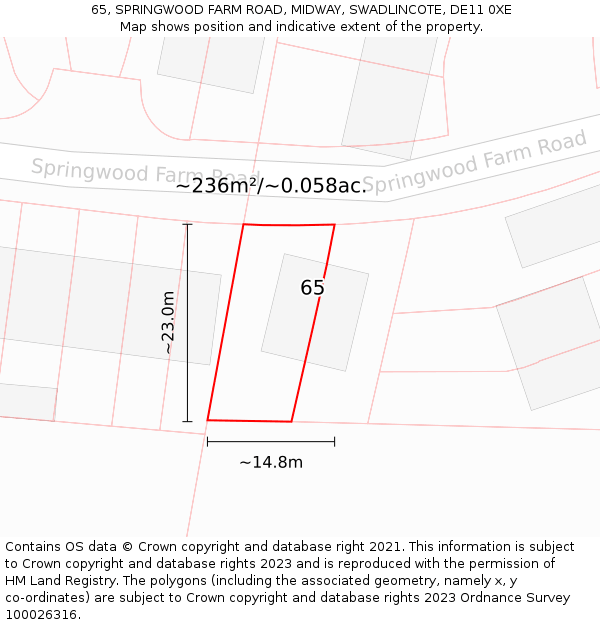 65, SPRINGWOOD FARM ROAD, MIDWAY, SWADLINCOTE, DE11 0XE: Plot and title map