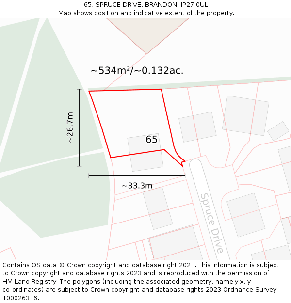 65, SPRUCE DRIVE, BRANDON, IP27 0UL: Plot and title map