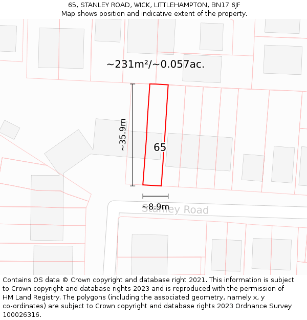 65, STANLEY ROAD, WICK, LITTLEHAMPTON, BN17 6JF: Plot and title map