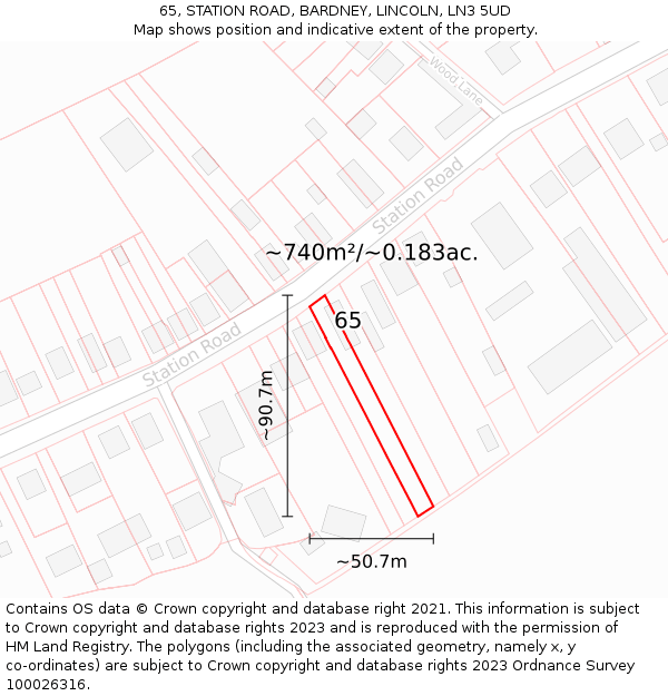 65, STATION ROAD, BARDNEY, LINCOLN, LN3 5UD: Plot and title map
