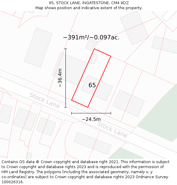 65, STOCK LANE, INGATESTONE, CM4 9DZ: Plot and title map