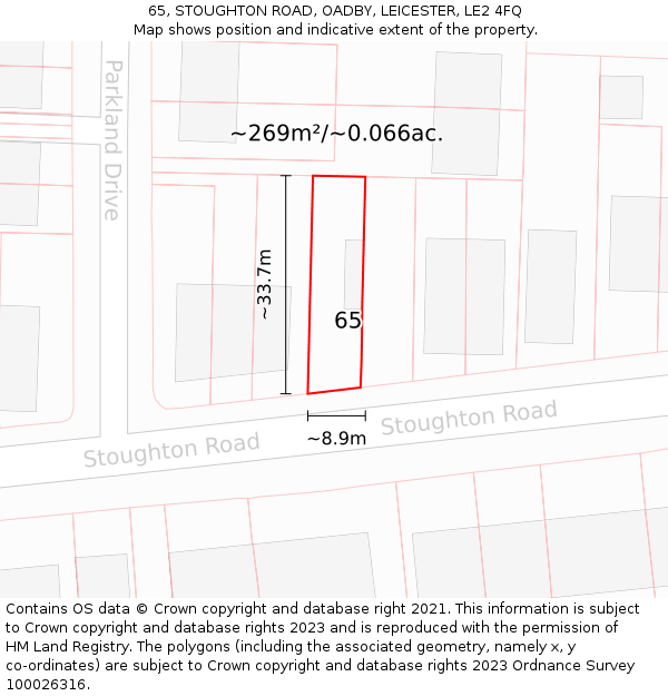 65, STOUGHTON ROAD, OADBY, LEICESTER, LE2 4FQ: Plot and title map