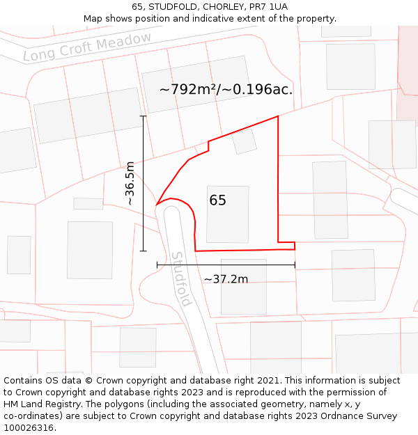 65, STUDFOLD, CHORLEY, PR7 1UA: Plot and title map
