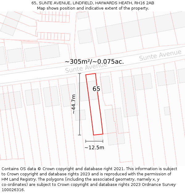 65, SUNTE AVENUE, LINDFIELD, HAYWARDS HEATH, RH16 2AB: Plot and title map