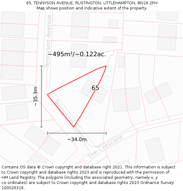 65, TENNYSON AVENUE, RUSTINGTON, LITTLEHAMPTON, BN16 2PH: Plot and title map