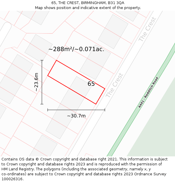 65, THE CREST, BIRMINGHAM, B31 3QA: Plot and title map