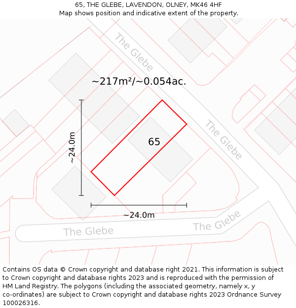 65, THE GLEBE, LAVENDON, OLNEY, MK46 4HF: Plot and title map