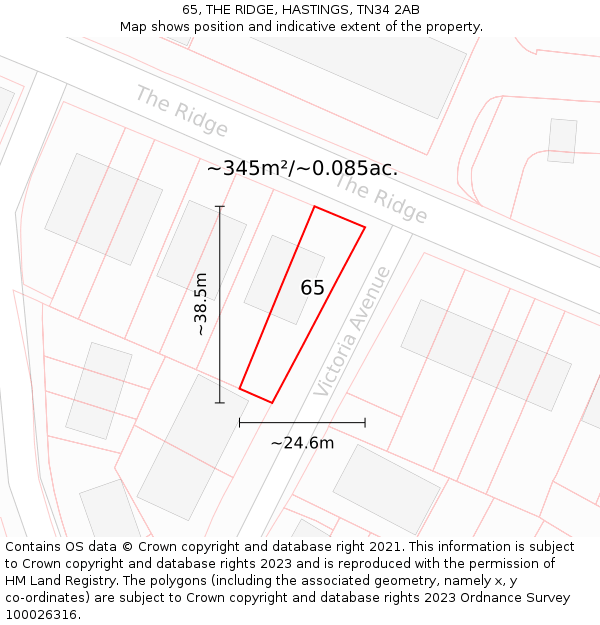 65, THE RIDGE, HASTINGS, TN34 2AB: Plot and title map