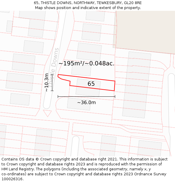 65, THISTLE DOWNS, NORTHWAY, TEWKESBURY, GL20 8RE: Plot and title map