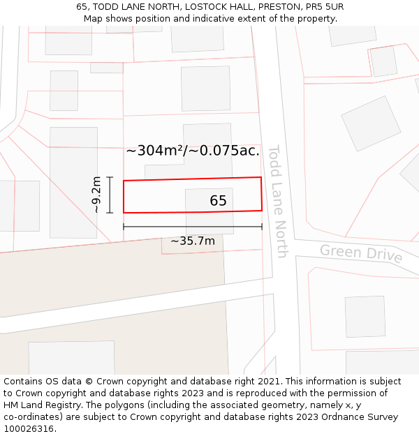 65, TODD LANE NORTH, LOSTOCK HALL, PRESTON, PR5 5UR: Plot and title map