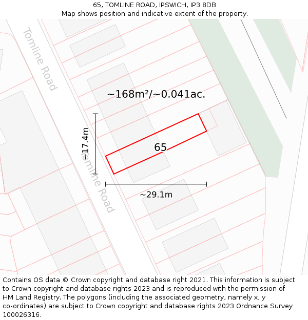65, TOMLINE ROAD, IPSWICH, IP3 8DB: Plot and title map