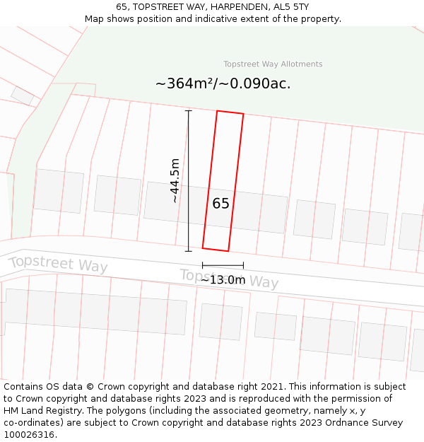 65, TOPSTREET WAY, HARPENDEN, AL5 5TY: Plot and title map