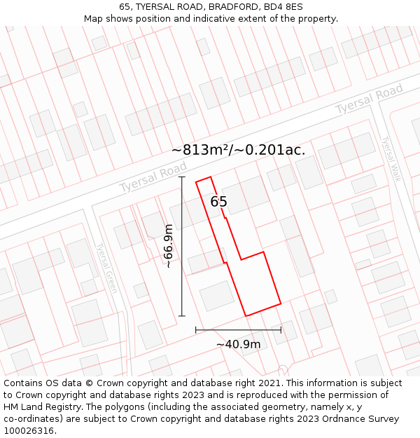 65, TYERSAL ROAD, BRADFORD, BD4 8ES: Plot and title map