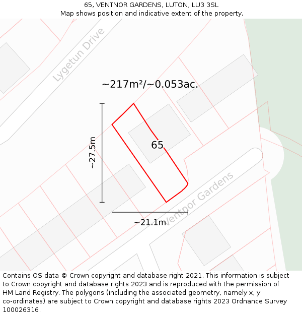 65, VENTNOR GARDENS, LUTON, LU3 3SL: Plot and title map
