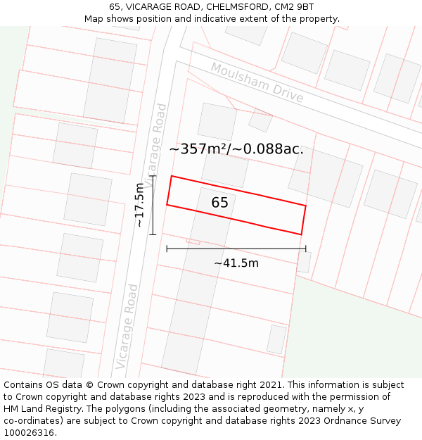 65, VICARAGE ROAD, CHELMSFORD, CM2 9BT: Plot and title map