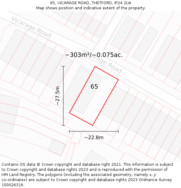 65, VICARAGE ROAD, THETFORD, IP24 2LW: Plot and title map