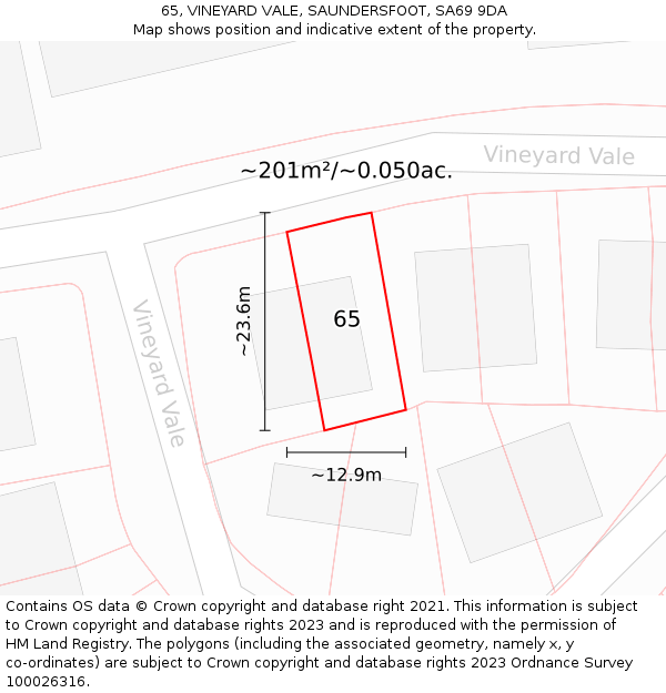 65, VINEYARD VALE, SAUNDERSFOOT, SA69 9DA: Plot and title map