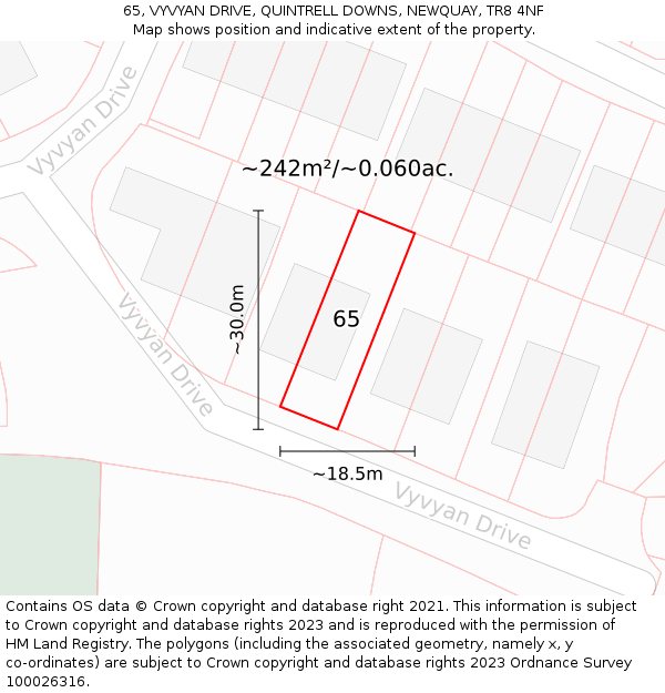 65, VYVYAN DRIVE, QUINTRELL DOWNS, NEWQUAY, TR8 4NF: Plot and title map