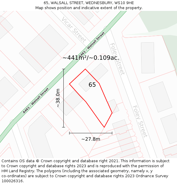 65, WALSALL STREET, WEDNESBURY, WS10 9HE: Plot and title map