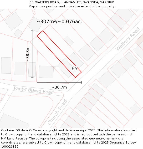 65, WALTERS ROAD, LLANSAMLET, SWANSEA, SA7 9RW: Plot and title map