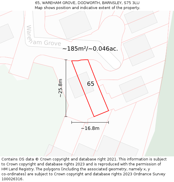 65, WAREHAM GROVE, DODWORTH, BARNSLEY, S75 3LU: Plot and title map