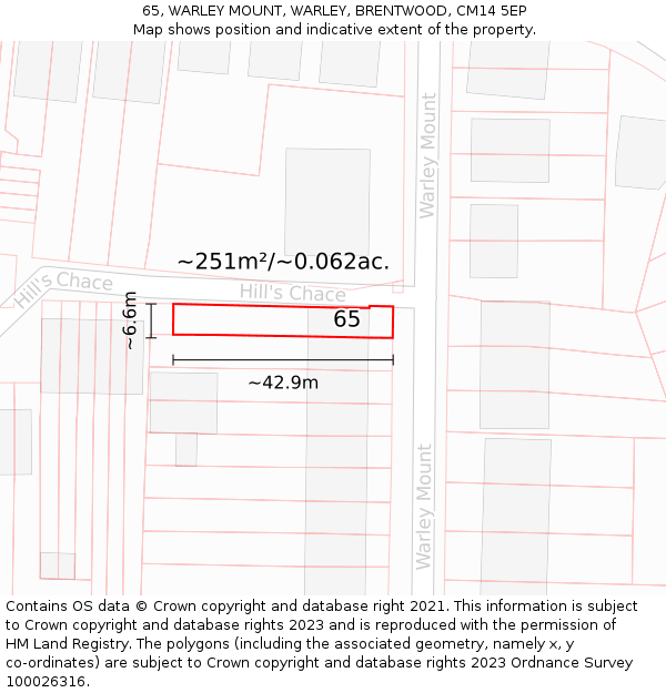 65, WARLEY MOUNT, WARLEY, BRENTWOOD, CM14 5EP: Plot and title map