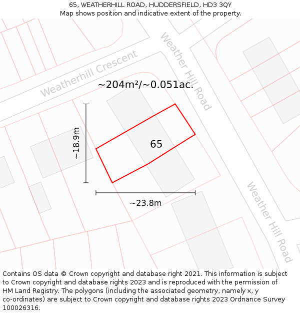 65, WEATHERHILL ROAD, HUDDERSFIELD, HD3 3QY: Plot and title map